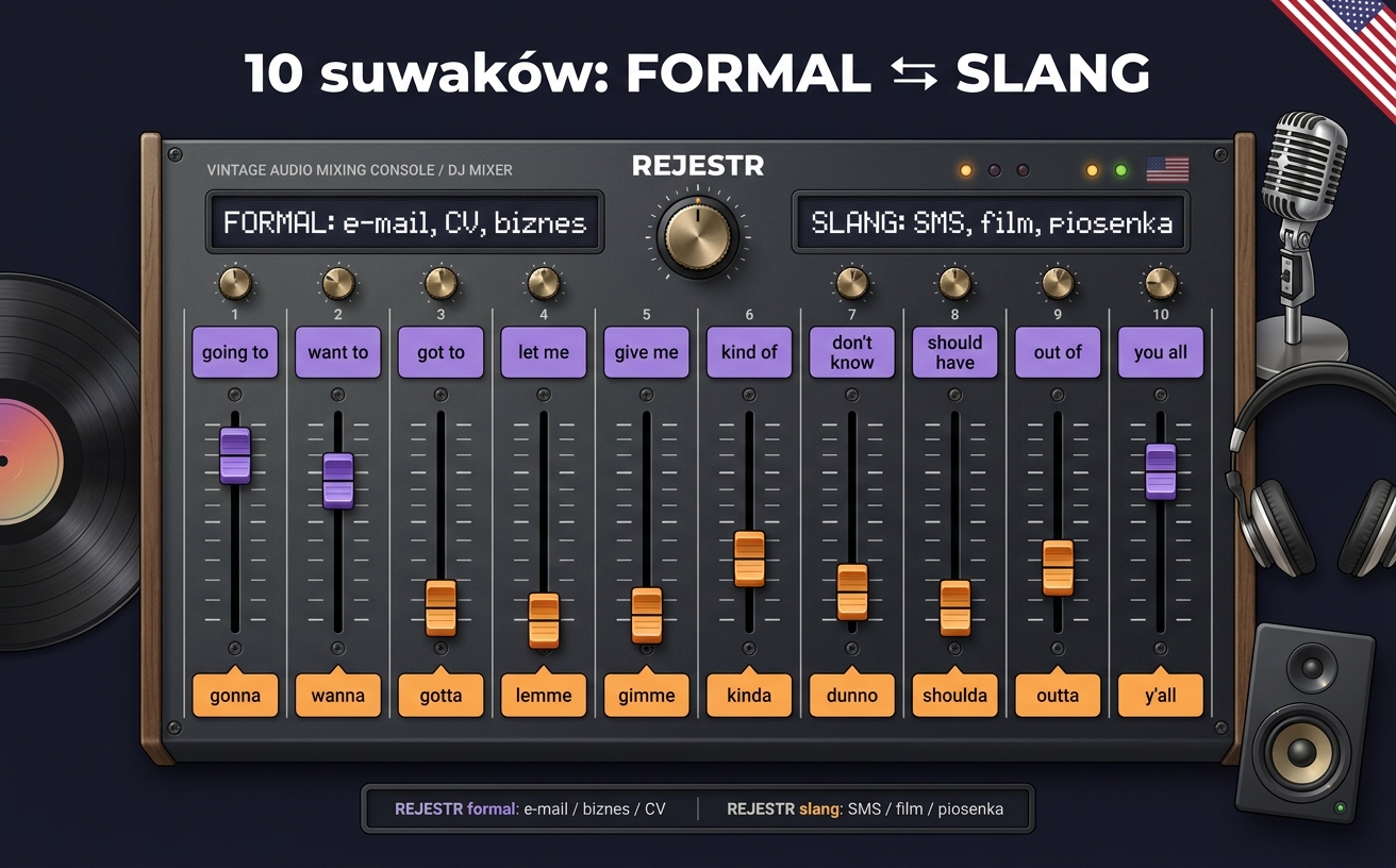 Konsola DJ-ska jako metafora rejestru: 10 suwaków zestawiających formy formalne (going to, want to, got to, let me, give me, kind of, don't know, should have, out of, you all) ze slangowymi odpowiednikami (gonna, wanna, gotta, lemme, gimme, kinda, dunno, shoulda, outta, y'all)