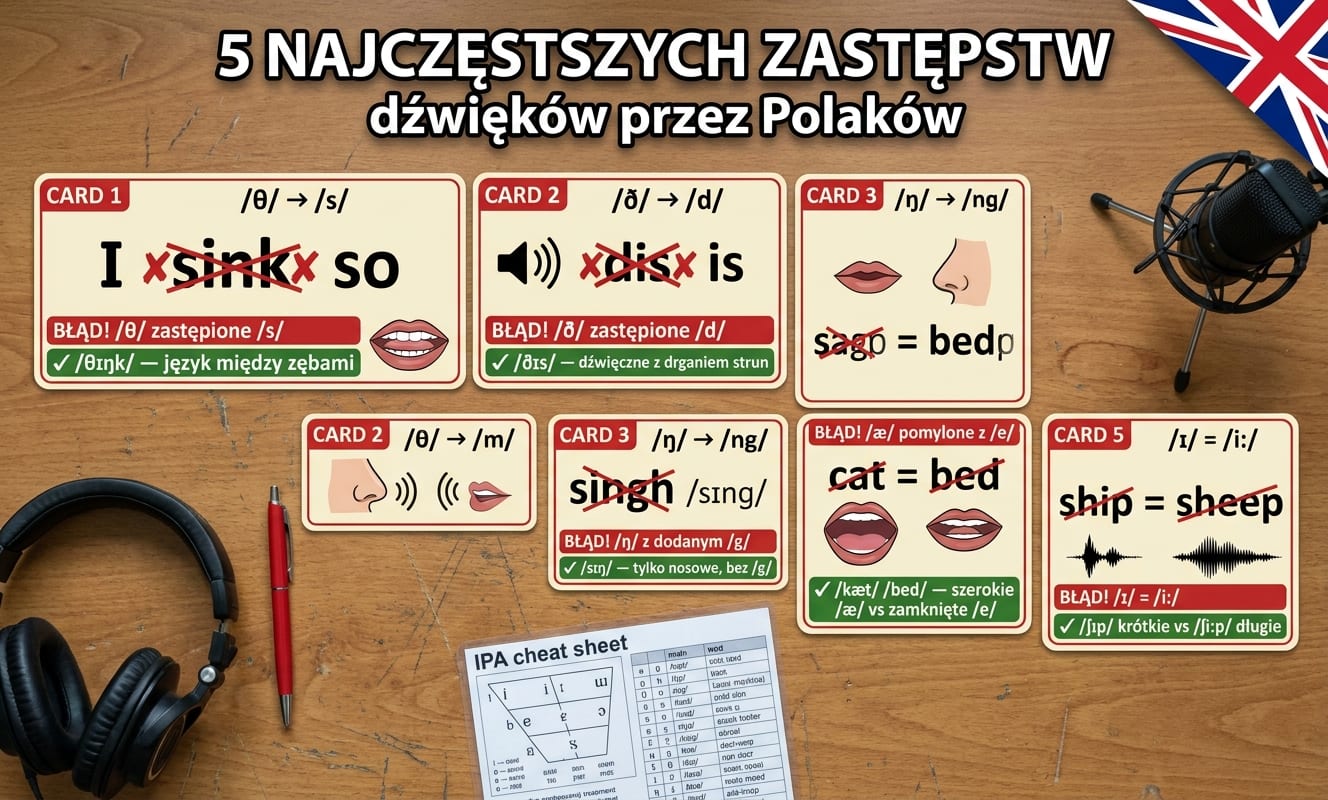 5 kart z najczęstszymi zastępstwami dźwięków przez Polaków z czerwonymi X-ami i zielonymi poprawkami: CARD 1 I ✗sink✗ so (zamiast I think so) → BŁĄD! /θ/ zastąpione /s/ → ✓ /θɪŋk/ — język między zębami; CARD 2 ✗dis✗ is (zamiast this is) → BŁĄD! /ð/ zastąpione /d/ → ✓ /ðɪs/ — dźwięczne z drganiem strun; CARD 3 singh /sɪnɡ/ (zamiast sing /sɪŋ/) → BŁĄD! /ŋ/ z dodanym /ɡ/ → ✓ /sɪŋ/ — tylko nosowe, bez /ɡ/; CARD 4 cat = bed (oba /e/) → BŁĄD! /æ/ pomylone z /e/ → ✓ /kæt/ /bed/ — szerokie /æ/ vs zamknięte /e/; CARD 5 ship = sheep (oba /i/) → BŁĄD! /ɪ/ = /iː/ → ✓ /ʃɪp/ krótkie vs /ʃiːp/ długie