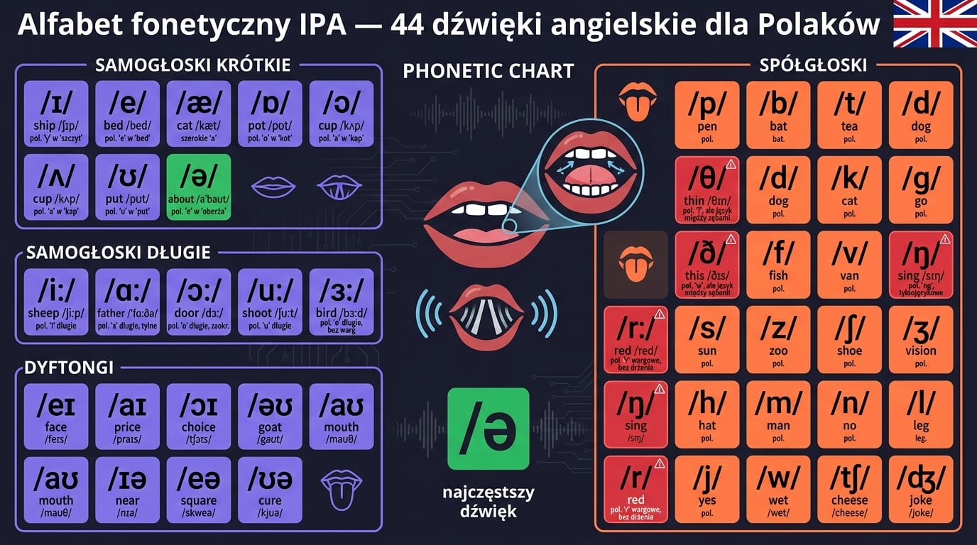Alfabet fonetyczny IPA dla angielskiego — pełna tabela 44 dźwięków: 20 samogłosek (krótkie, długie, dyftongi) + 24 spółgłosek z polską aproksymacją, minimal pairs i przykłady