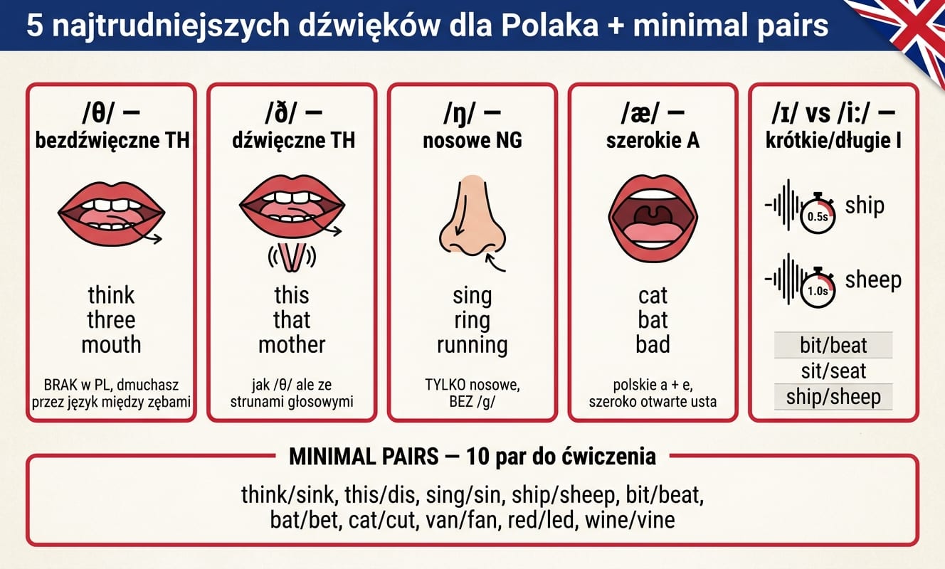 5 paneli najtrudniejszych dźwięków IPA dla Polaka z ikonami narzędzi mowy: /θ/ bezdźwięczne TH (think, three, mouth — język między zębami, dmuchasz), /ð/ dźwięczne TH (this, that, mother — jak /θ/ ale ze strunami głosowymi), /ŋ/ nosowe NG (sing, ring, running — tylko nosowe, bez /ɡ/), /æ/ szerokie A (cat, bat, bad — polskie a + e, szeroko otwarte usta), /ɪ/ vs /iː/ krótkie/długie I (ship 0.5s vs sheep 1.0s, bit/beat, sit/seat, ship/sheep). Dolny box MINIMAL PAIRS — 10 par do ćwiczenia: think/sink, this/dis, sing/sin, ship/sheep, bit/beat, bat/bet, cat/cut, van/fan, red/led, wine/vine