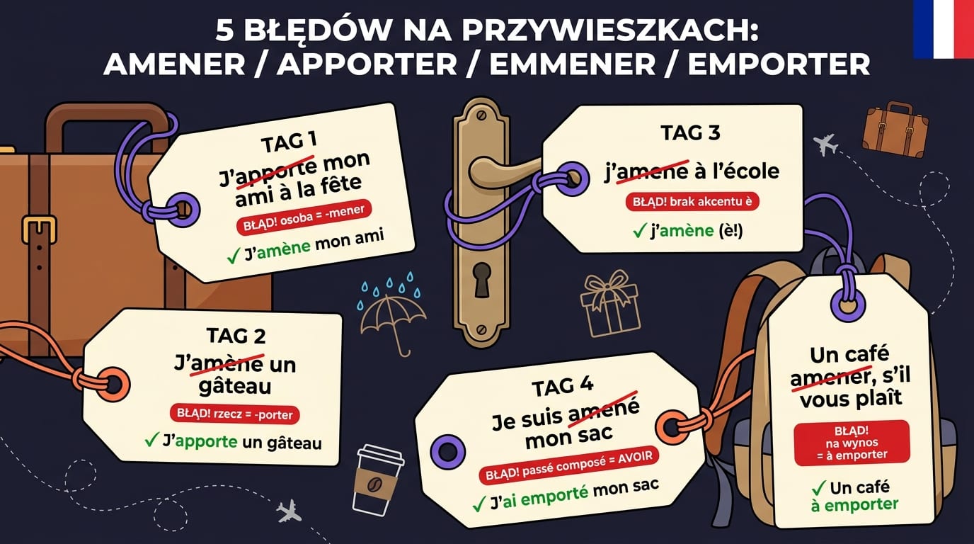 Pięć papierowych przywieszek bagażowych z błędami amener/apporter/emmener/emporter: J'apporte mon ami → ✓ J'amène mon ami (osoba=-mener); J'amène un gâteau → ✓ J'apporte (rzecz=-porter); j'amene → ✓ j'amène (akcent è); Je suis amené → ✓ J'ai emporté (avoir); Un café amener → ✓ Un café à emporter (na wynos)