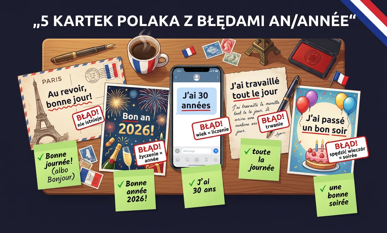 Pięć kartek Polaka z błędami AN/ANNÉE — pocztówki i wiadomości z czerwonymi przekreśleniami (Bon an, J'ai 30 années, J'ai travaillé tout le jour, bon soir) i zielonymi poprawkami (Bonne année, J'ai 30 ans, toute la journée, une bonne soirée)