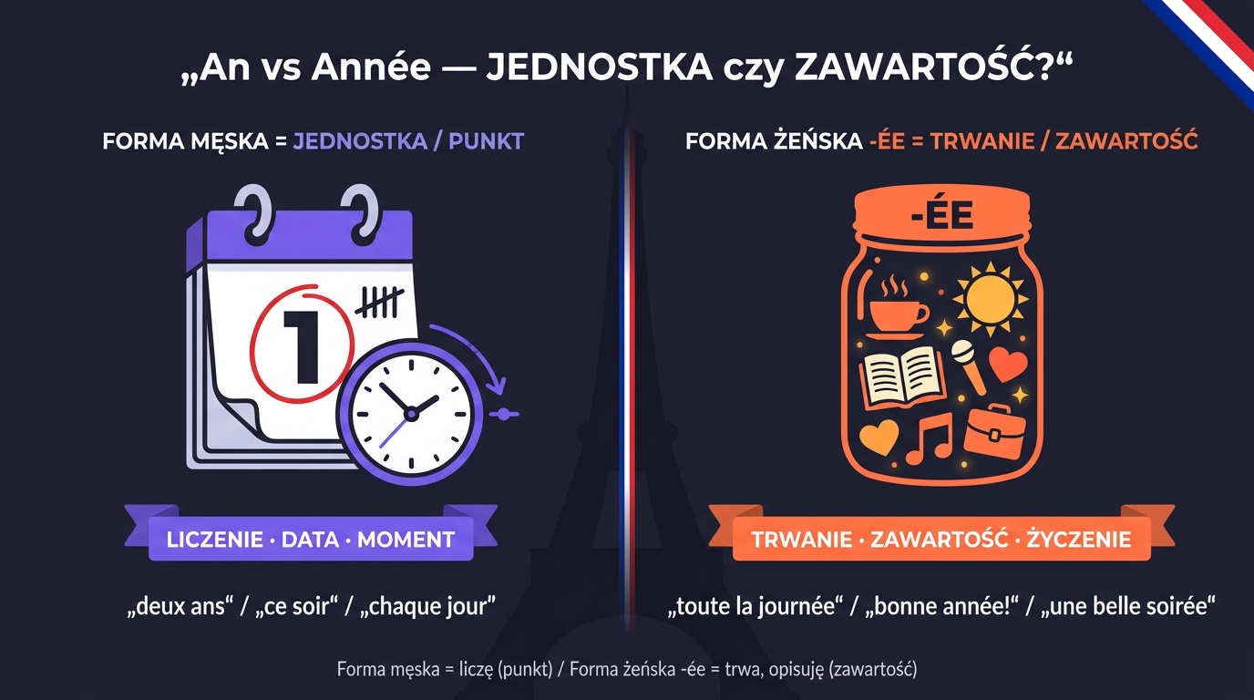 An vs Année po francusku — kalendarz z punktem/jednostką (AN, JOUR = liczenie) vs przezroczysty słoik wypełniony aktywnościami (ANNÉE, JOURNÉE = trwanie, zawartość)
