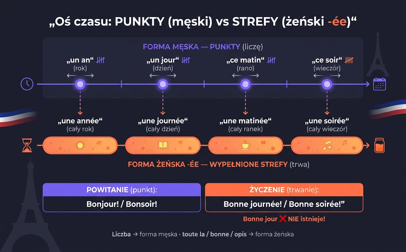 Oś czasu po francusku: forma męska AN, JOUR, MATIN, SOIR jako punkty (liczenie) kontra forma żeńska -ÉE ANNÉE, JOURNÉE, MATINÉE, SOIRÉE jako wypełnione strefy (trwanie); Bonjour/Bonsoir vs Bonne journée/Bonne soirée