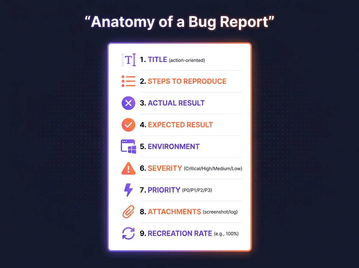Anatomia profesjonalnego bug raportu — 9 sekcji oznaczonych ikonami: tytuł, kroki, actual, expected, środowisko, severity, priority, attachments, recreation rate