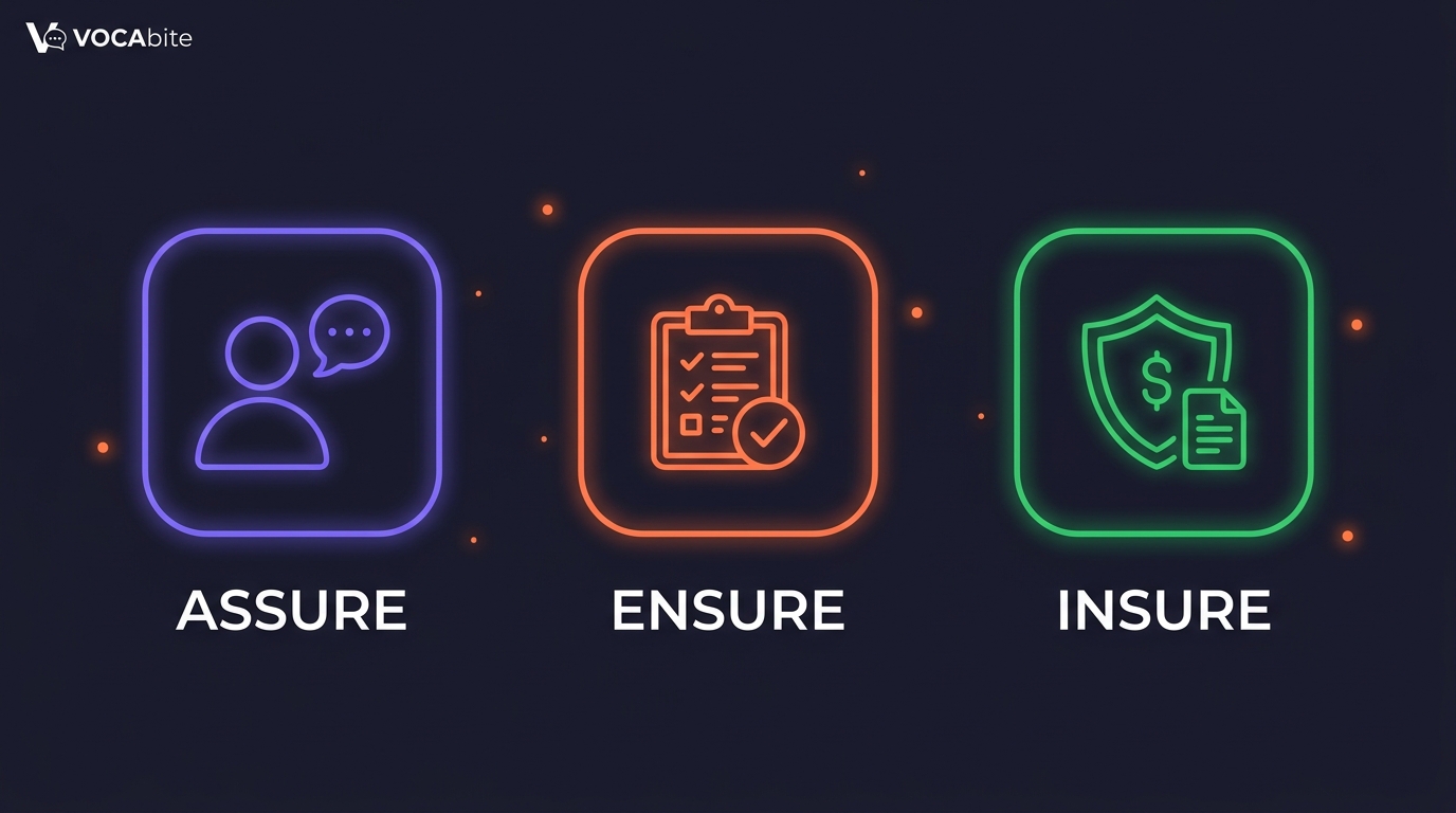 Assure vs Ensure vs Insure — trzy ikony: postać (osoba) → ASSURE, ptaszek na liście (wynik) → ENSURE, tarcza/polisa (pieniądze) → INSURE