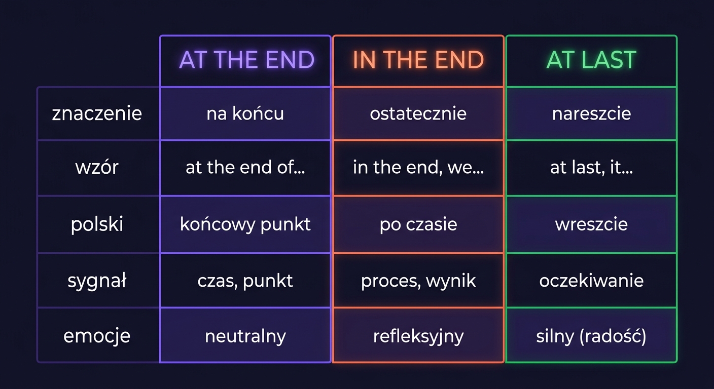 Tabela porównawcza At the end / In the end / At last — pięć wymiarów: znaczenie, wzór, polski, sygnał, ładunek emocjonalny