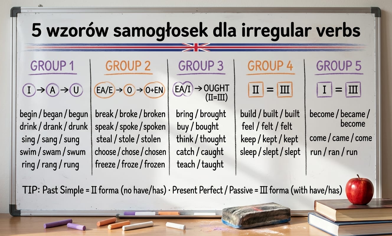Pięć grup wzorów samogłosek dla irregular verbs na szkolnej tablicy: I→A→U (begin/drink/sing), EA→O→O+EN (break/speak/steal), EA/I→OUGHT (bring/buy/think), II=III (build/feel/keep), I=III (become/come/run)