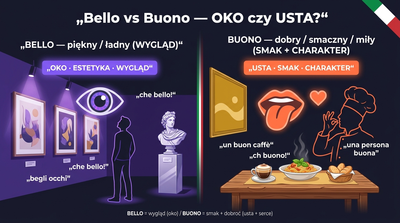 Bello vs Buono po włosku — galeria sztuki (BELLO = piękno wizualne, oko) vs trattoria (BUONO = smak, usta i dobroć)