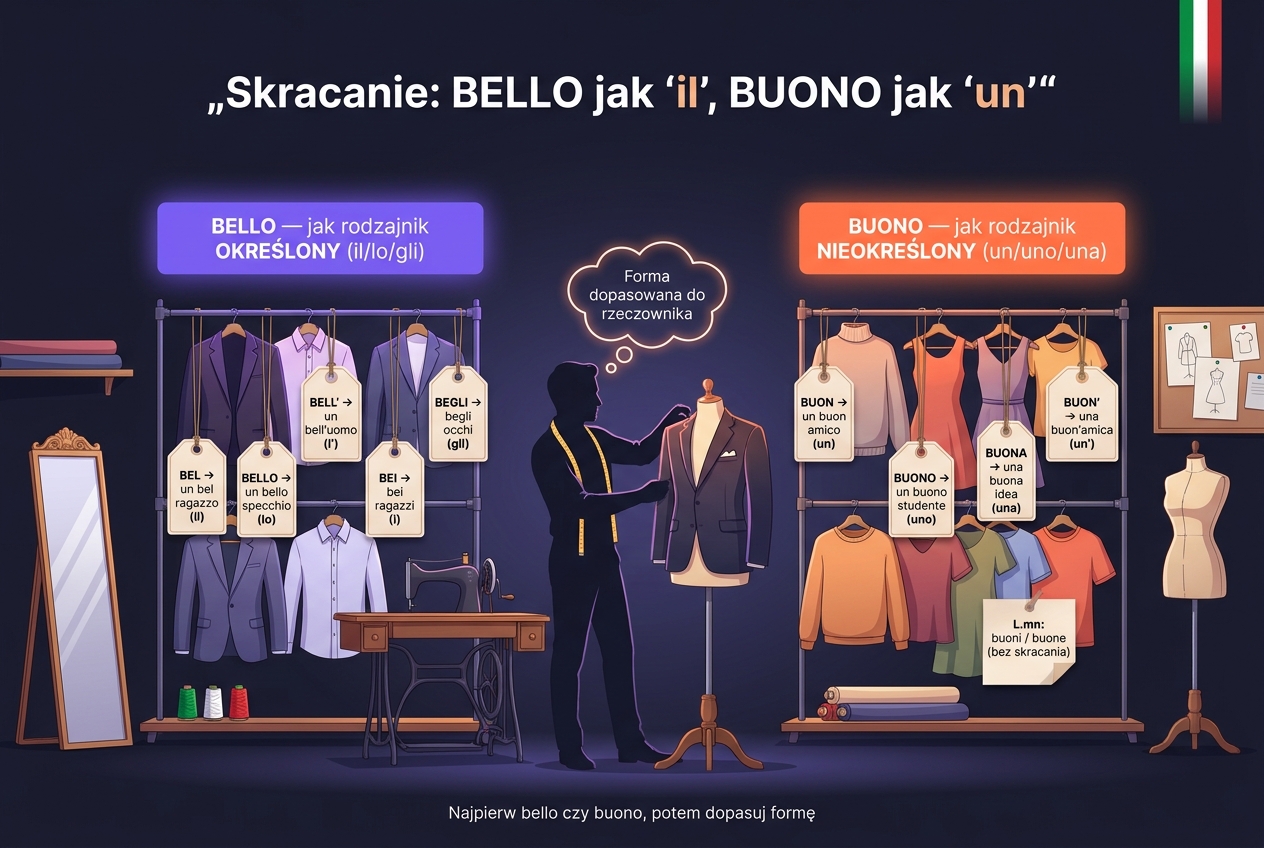 Skracanie BELLO jak rodzajnik określony (bel, bello, bell', bei, begli) i BUONO jak nieokreślony (un, uno, una, buon, buon') na przykładach ze sklepu z ubraniami