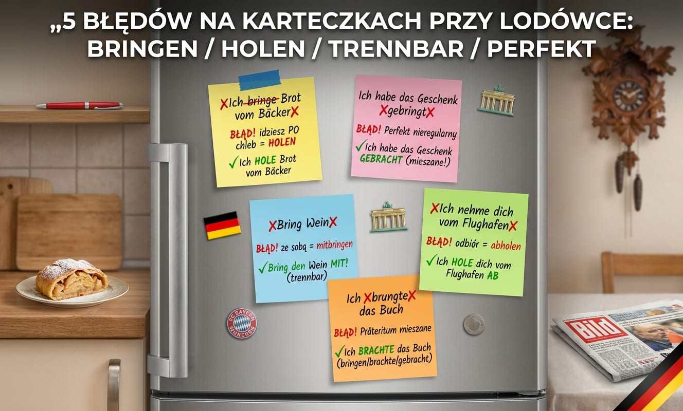 5 błędów Polaków z bringen / holen / trennbar / Perfekt — kolorowe karteczki samoprzylepne (Post-it) na niemieckiej lodówce z czerwonymi błędami i zielonymi poprawkami: „Ich bringe Brot vom Bäcker