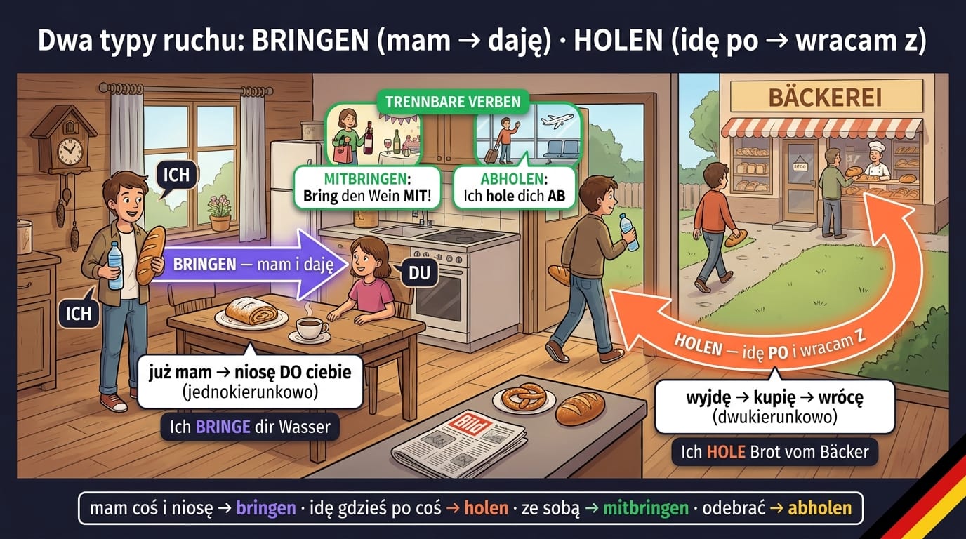 Bringen vs Holen po niemiecku — kuchnia z dwoma scenami: bringen (przynoszę ci wodę — fioletowa strzałka do ciebie), holen (idę po chleb do piekarza i wracam — pomarańczowa pętla z domu do piekarni i z powrotem)