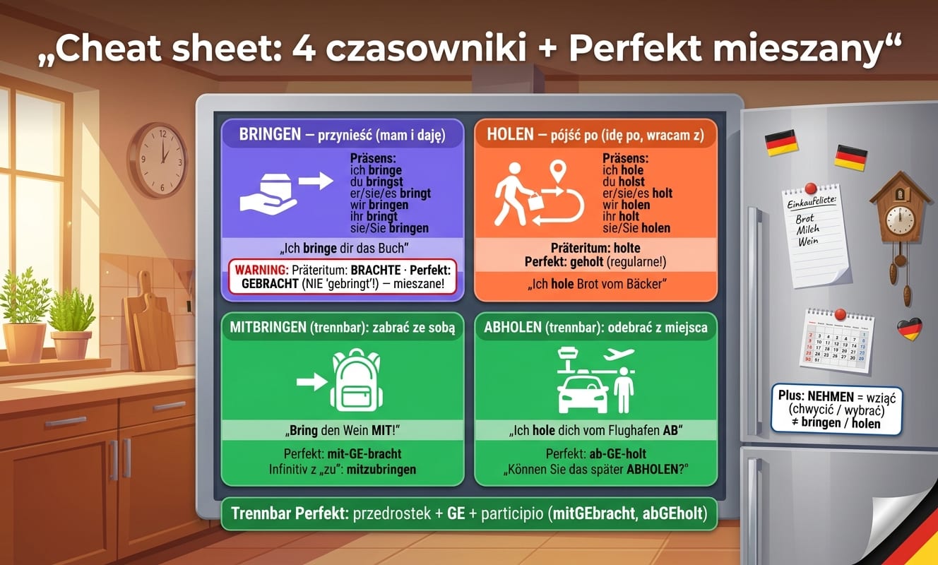 Bringen vs Holen — cheat sheet 4 czasowniki + Perfekt mieszany: BRINGEN (mam i daję) z koniugacją + warning „gebracht NIE gebringt