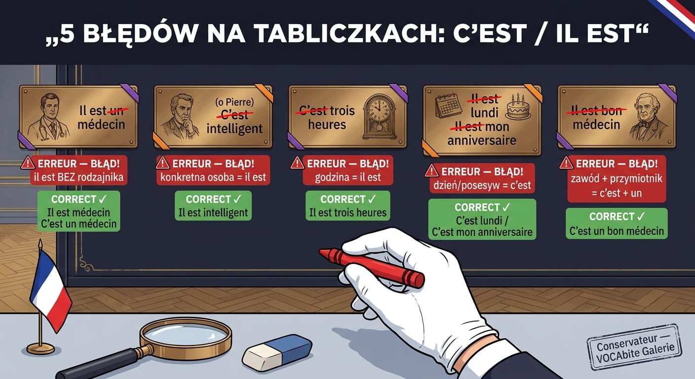 5 muzealnych tabliczek pod portretami z czerwoną kredką konserwatora: Il est ✗un✗ médecin → BŁĄD! il est BEZ rodzajnika · ✓ Il est médecin / C'est un médecin; (o Pierre) ✗C'est✗ intelligent → BŁĄD! konkretna osoba = il est · ✓ Il est intelligent; ✗C'est✗ trois heures → BŁĄD! godzina = il est · ✓ Il est trois heures; ✗Il est✗ lundi / ✗Il est✗ mon anniversaire → BŁĄD! dzień/posesyw = c'est · ✓ C'est lundi / C'est mon anniversaire; ✗Il est bon✗ médecin → BŁĄD! zawód + przymiotnik = c'est + un · ✓ C'est un bon médecin. Stempel: Conservateur — VOCAbite Galerie