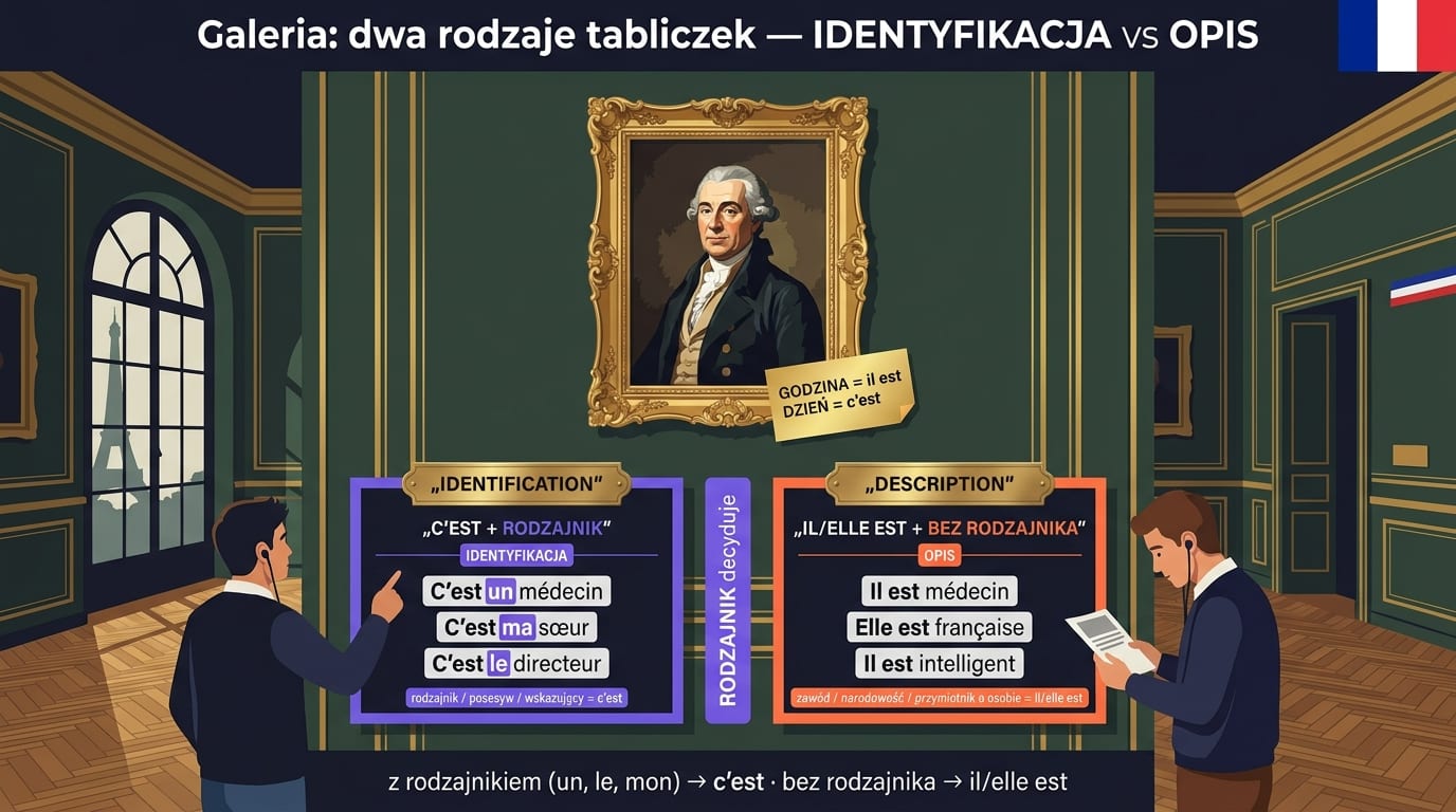 C'est vs Il est po francusku — galeria muzealna z portretem: tabliczka identyfikacyjna „C'est un médecin” (z rodzajnikiem) vs karta opisu „Il est médecin” (bez rodzajnika)