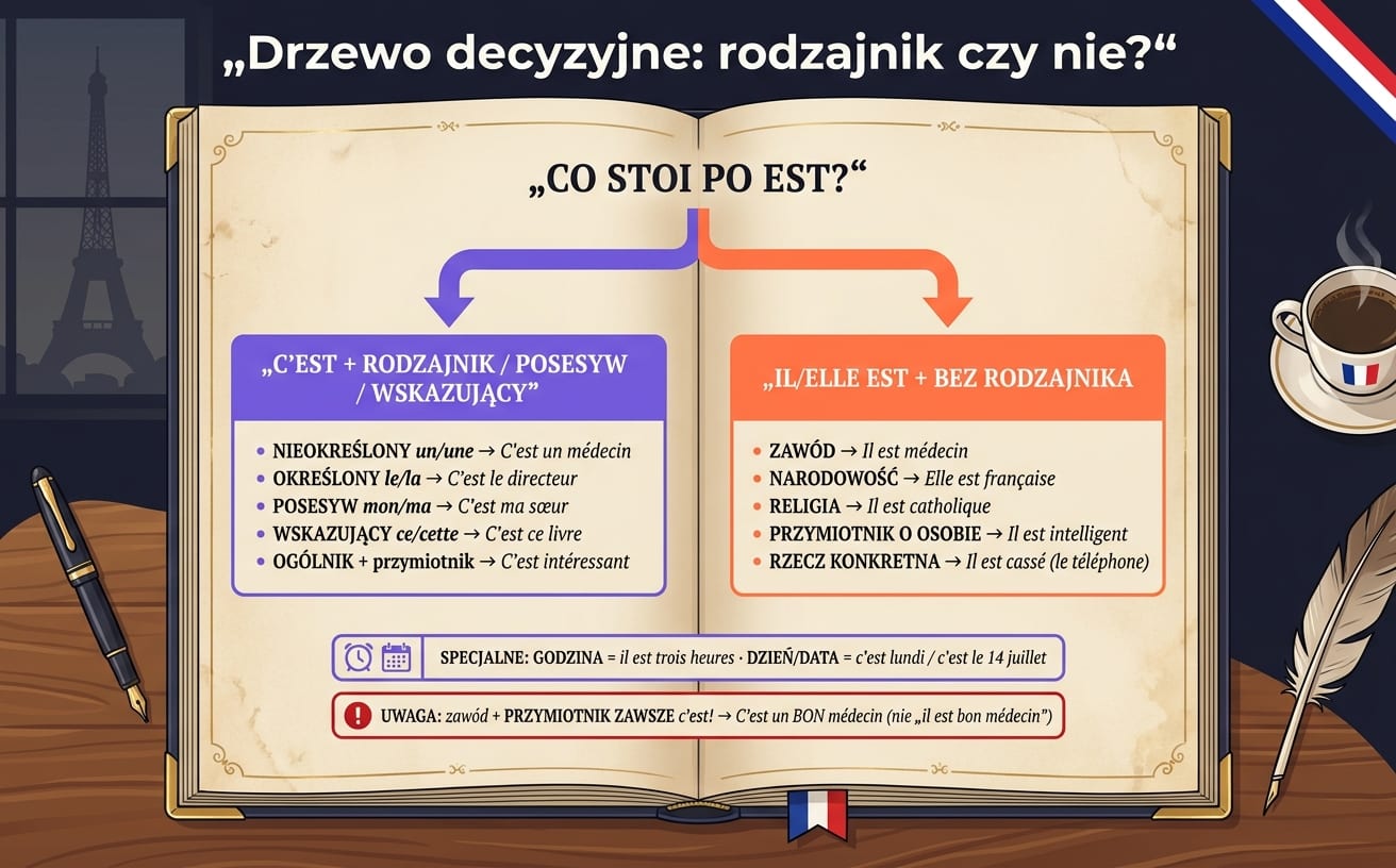 C'est vs Il est — drzewo decyzyjne w stylizowanej książce: pytanie „CO STOI PO EST?” → lewa gałąź fioletowa C'EST + rodzajnik/posesyw (5 podpunktów: NIEOKREŚLONY un/une, OKREŚLONY le/la, POSESYW mon/ma, WSKAZUJĄCY ce/cette, OGÓLNIK + przymiotnik), prawa gałąź pomarańczowa IL/ELLE EST + bez rodzajnika (5 podpunktów: ZAWÓD, NARODOWOŚĆ, RELIGIA, PRZYMIOTNIK O OSOBIE, RZECZ KONKRETNA) + nota SPECJALNE: godzina = il est · dzień = c'est + warning UWAGA zawód + przymiotnik ZAWSZE c'est