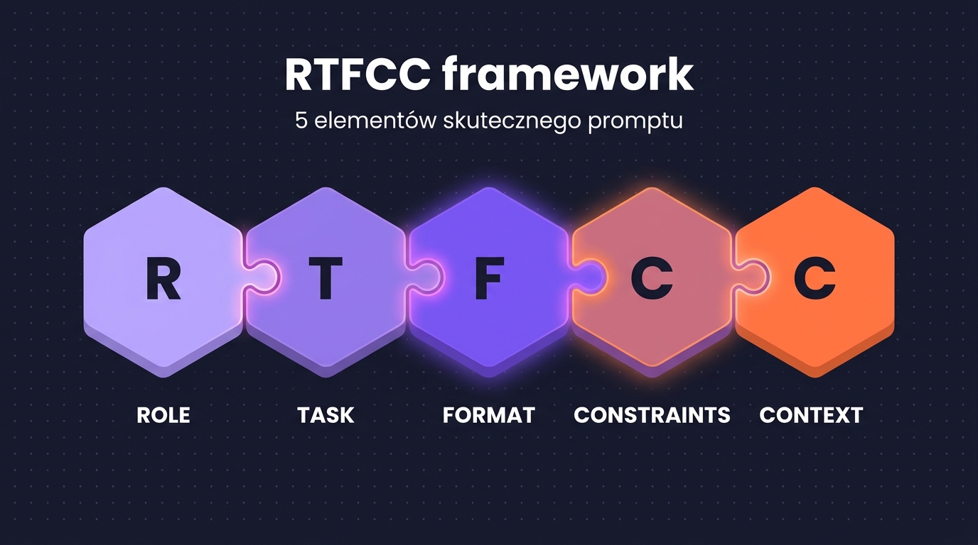 RTFCC framework — 5 puzzle pieces: Role, Task, Format, Constraints, Context układają się w jeden skuteczny prompt