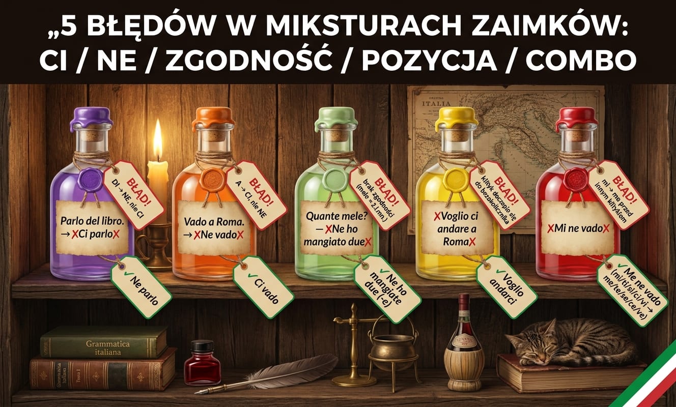 5 błędów Polaków z CI / NE / zgodność / pozycja / combo — 5 butelek z miksturami alchemika z czerwonymi etykietami błędów i zielonymi poprawkami: „Parlo del libro → Ci parlo