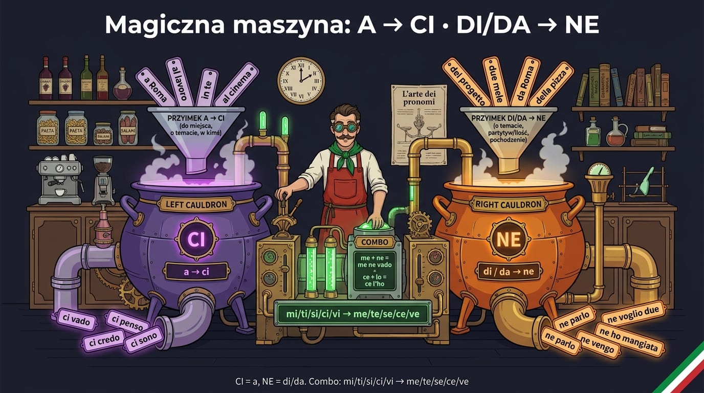 Ci vs Ne po włosku — magiczna maszyna przemiany: na wejściu długie wyrażenia (a Roma, al lavoro, del progetto, due mele), na wyjściu krótkie klityki CI lub NE wg reguły przyimka A vs DI/DA