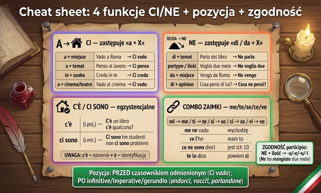 Ci vs Ne — cheat sheet 4 funkcje na pergaminie alchemika: A → CI (a + miejsce / temat / in + osoba / a + cinema), DI/DA → NE (di + temat / partytyw / da + miejsce / di + opinia), C'È / CI SONO (egzystencjalne) z warningiem „c'è = istnienie ≠ è = identyfikacja