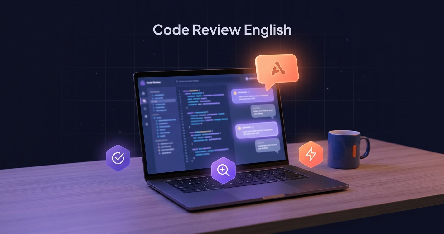 Code review po angielsku — laptop z otwartym GitHub PR view, dymek z komentarzem, ikony LGTM/WIP/nit i kawa
