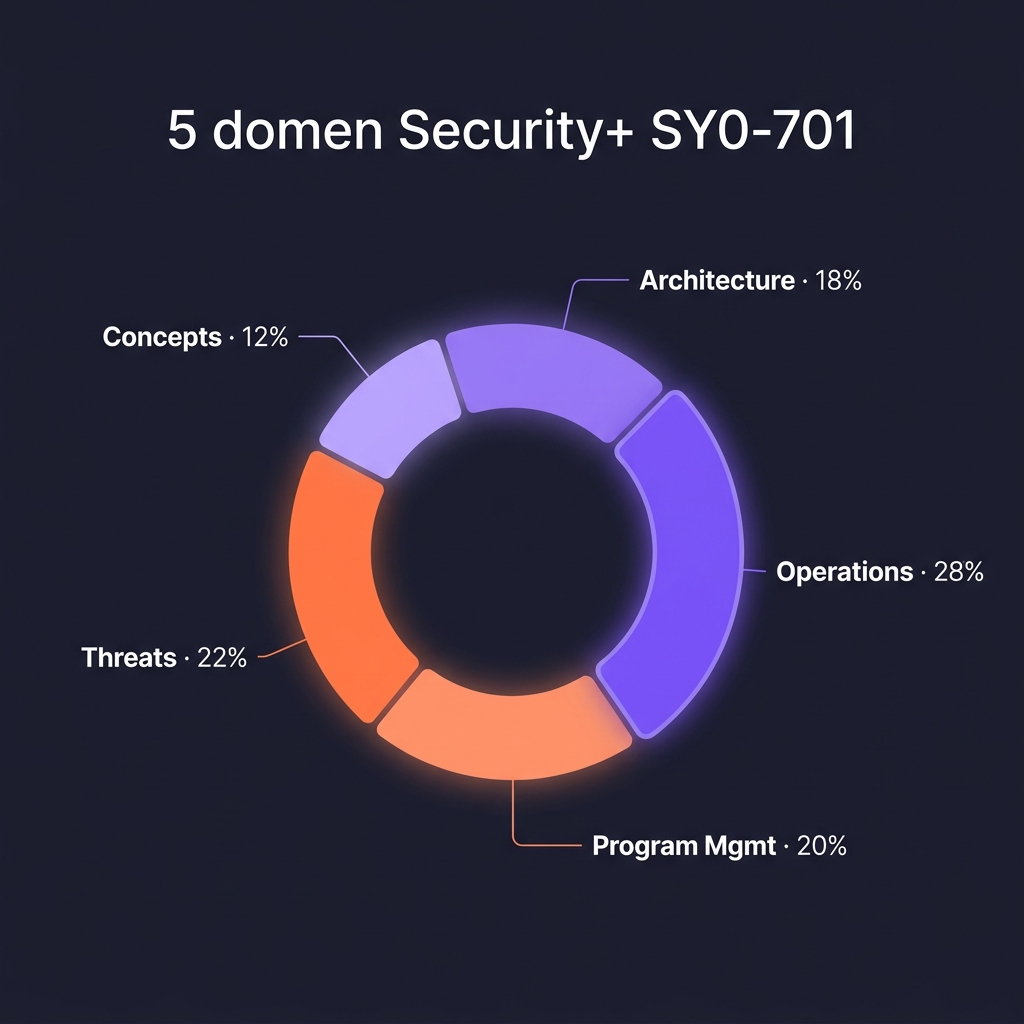 5 domen egzaminu Security+ SY0-701 jako wykres kołowy z procentami: General Concepts 12%, Threats 22%, Architecture 18%, Operations 28%, Program Management 20%