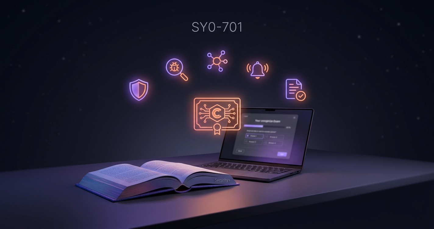 CompTIA Security+ — biurko z podręcznikiem, laptopem z testem i certyfikatem CompTIA otoczonym 5 ikonami domen egzaminu