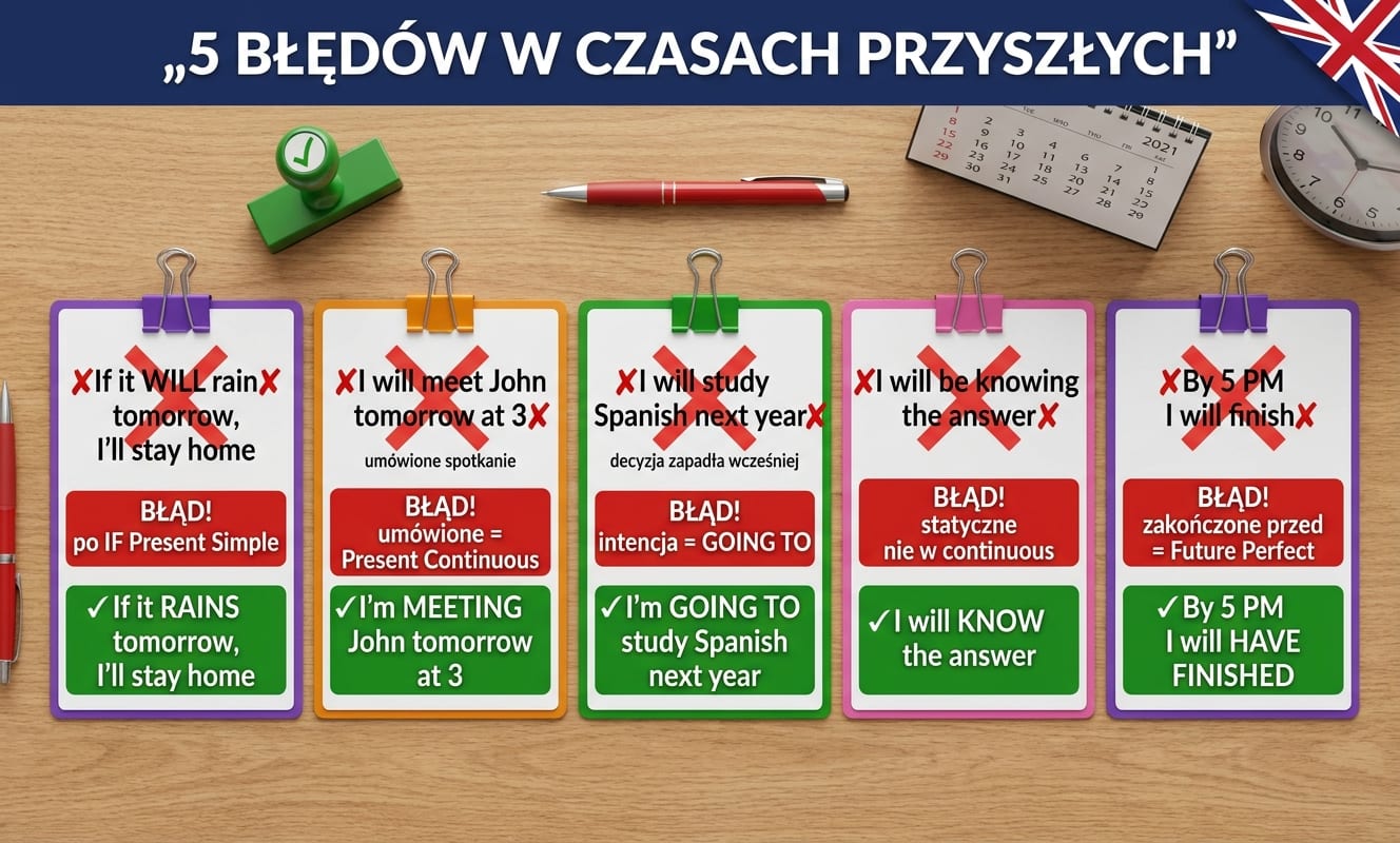 5 kart z czerwonymi X-ami pokazujących błędy w czasach przyszłych: ✗If it WILL rain✗ tomorrow → BŁĄD! po IF Present Simple → ✓ If it RAINS; ✗I will meet John tomorrow at 3✗ (umówione) → BŁĄD! umówione = Present Continuous → ✓ I'm MEETING John; ✗I will study Spanish next year✗ (decyzja zapadła) → BŁĄD! intencja = GOING TO → ✓ I'm GOING TO study; ✗I will be knowing✗ → BŁĄD! statyczne nie w continuous → ✓ I will KNOW; ✗By 5 PM I will finish✗ → BŁĄD! zakończone przed = Future Perfect → ✓ I will HAVE FINISHED