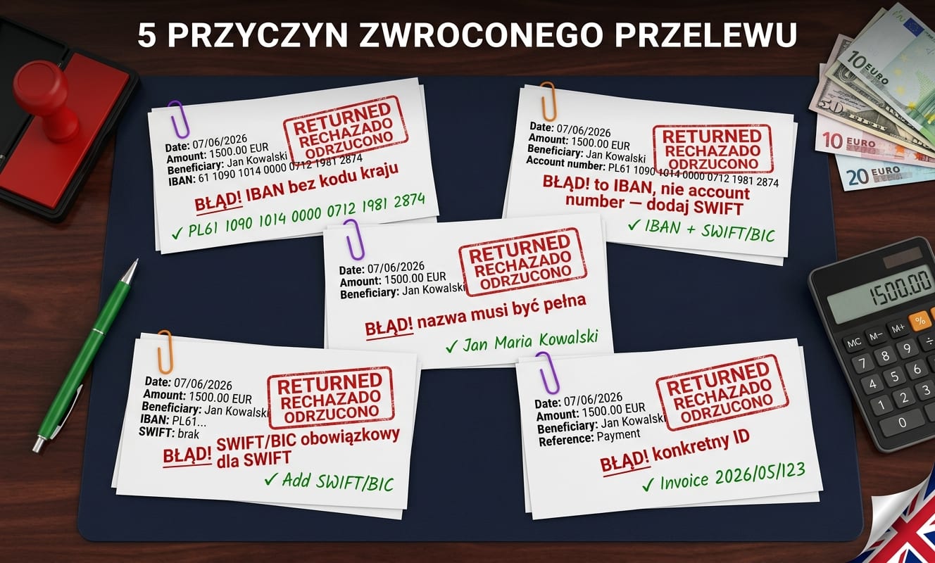 5 paragonów z czerwonymi stemplami RETURNED RECHAZADO ODRZUCONO: IBAN bez kodu kraju → ✓ PL61 1090...; to IBAN, nie account number → ✓ dodaj SWIFT/BIC; Beneficiary niepełna nazwa → ✓ Jan Maria Kowalski (pełne); brak SWIFT/BIC dla SWIFT → ✓ Add SWIFT/BIC; Reference Payment (zbyt ogólne) → ✓ Invoice 2026/05/123. Wokół: czerwony stempel, kalkulator, banknoty EUR
