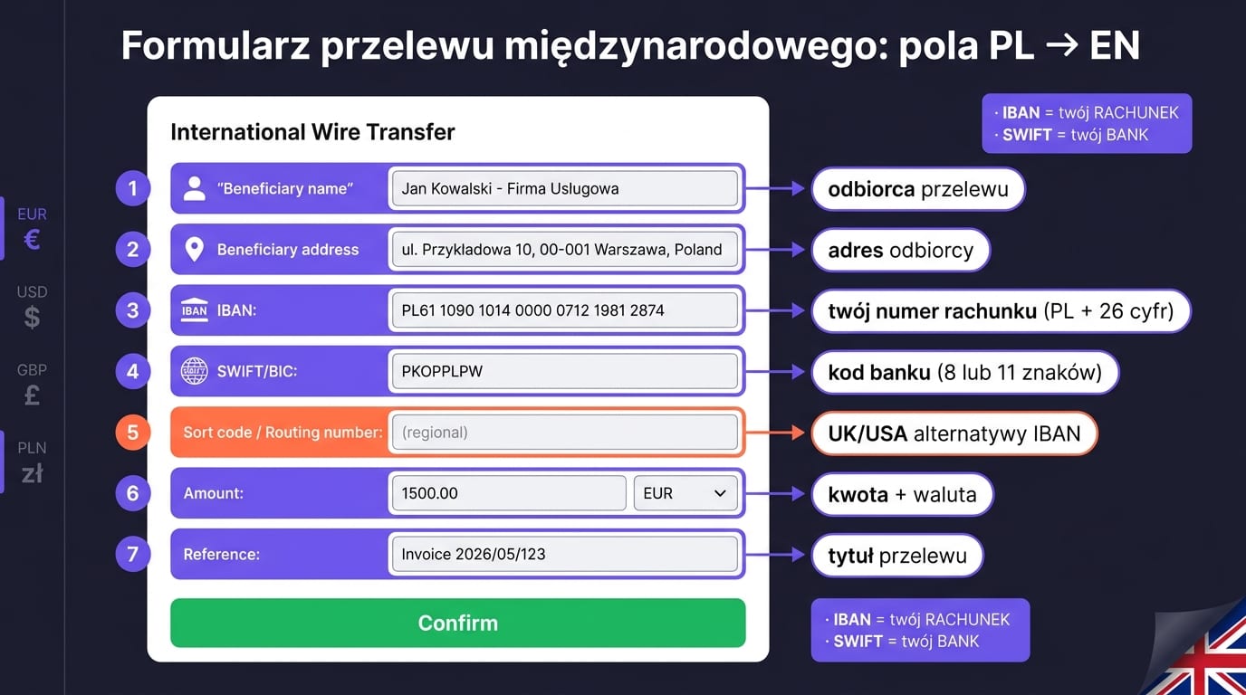 Dane do przelewu po angielsku — ekran aplikacji bankowej z wypełnionym formularzem międzynarodowego przelewu: beneficiary, IBAN, SWIFT/BIC, amount, reference, sort code