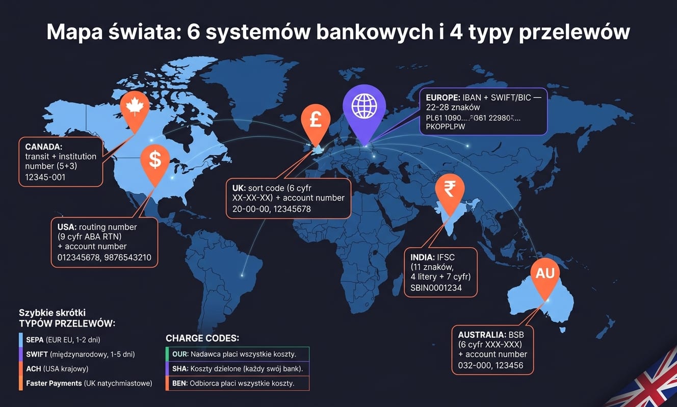 Mapa świata z 6 systemami bankowymi i 4 typami przelewów: EUROPE (IBAN + SWIFT/BIC, 22-28 znaków), UK (sort code, 6 cyfr XX-XX-XX), USA (routing number, 9 cyfr ABA RTN), CANADA (transit + institution 5+3), INDIA (IFSC 11 znaków), AUSTRALIA (BSB 6 cyfr XXX-XXX). Plus typy przelewów: SEPA (EUR EU 1-2 dni), SWIFT (międzynarodowy 1-5 dni), ACH (USA krajowy), Faster Payments (UK natychmiastowe) + charge codes OUR/SHA/BEN