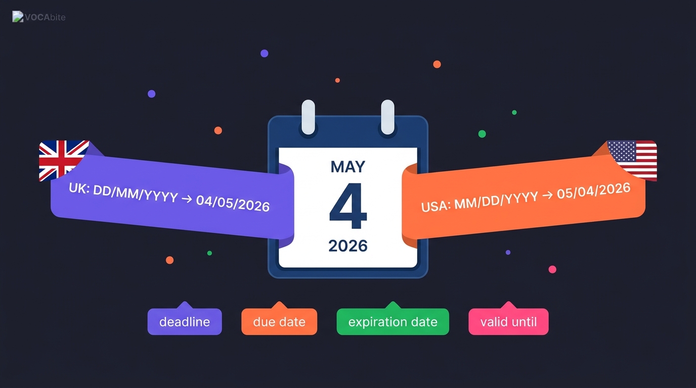 Daty po angielsku — kalendarz z formatami UK (DD/MM) vs USA (MM/DD) i kluczowymi zwrotami: deadline, due date, expiration date, valid until