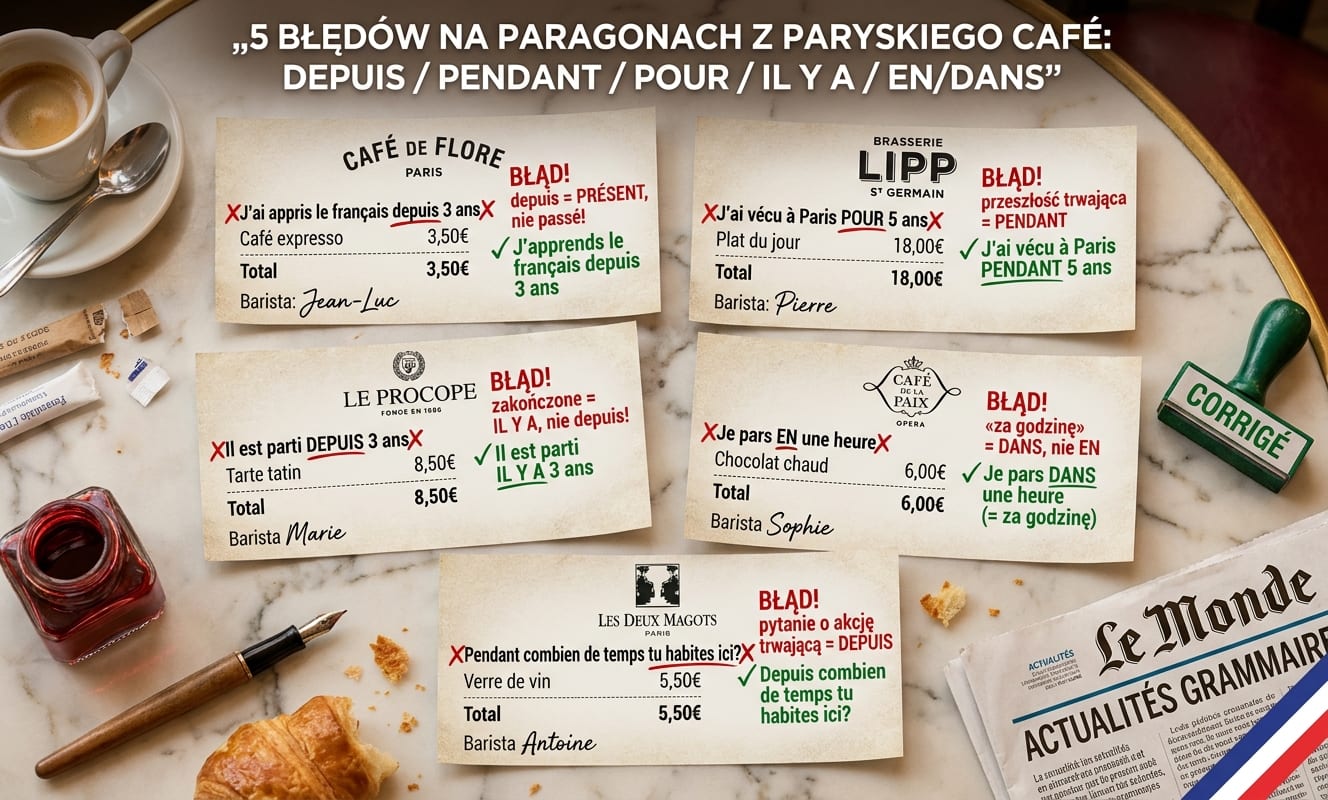 5 błędów Polaków z depuis / pendant / pour / il y a / en/dans — 5 paragonów z paryskich café (Café de Flore / Brasserie Lipp / Le Procope / Café de la Paix / Les Deux Magots) z czerwonymi błędami i zielonymi poprawkami od baristy: „J'ai appris depuis 3 ans