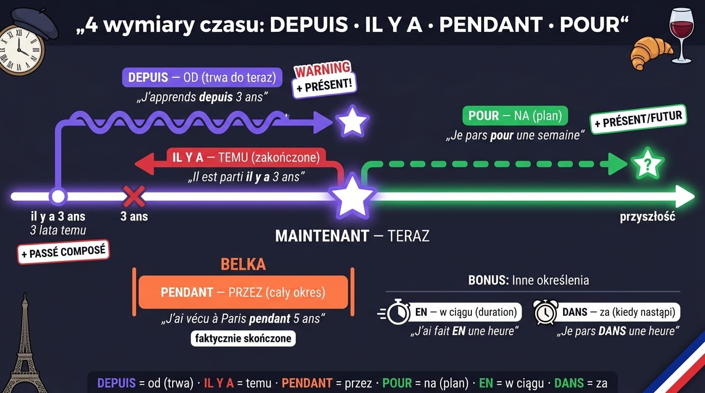 Depuis / Pendant / Pour / Il y a po francusku — oś czasu z 4 markerami: DEPUIS (strzałka z przeszłości do TERAZ), IL Y A (strzałka w przeszłość od TERAZ), PENDANT (belka pokryta okresem w przeszłości), POUR (strzałka w przyszłość, planowana)