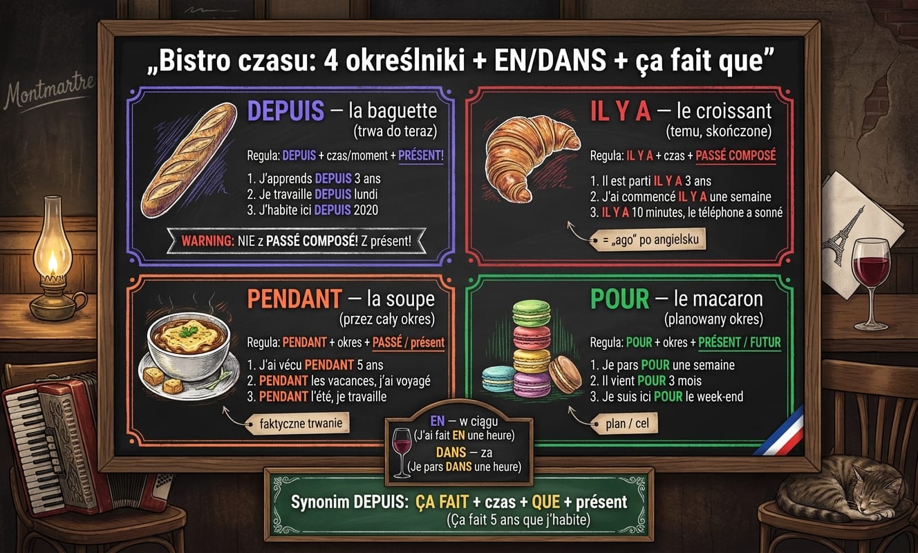 Bistro czasu — paryskie menu z 4 daniami = 4 określniki czasu: DEPUIS — la baguette (trwa do teraz, + présent!), IL Y A — le croissant (temu, skończone, + passé composé), PENDANT — la soupe (przez cały okres, faktyczne trwanie), POUR — le macaron (planowany okres, présent/futur); plus mały panel bonus „EN — w ciągu