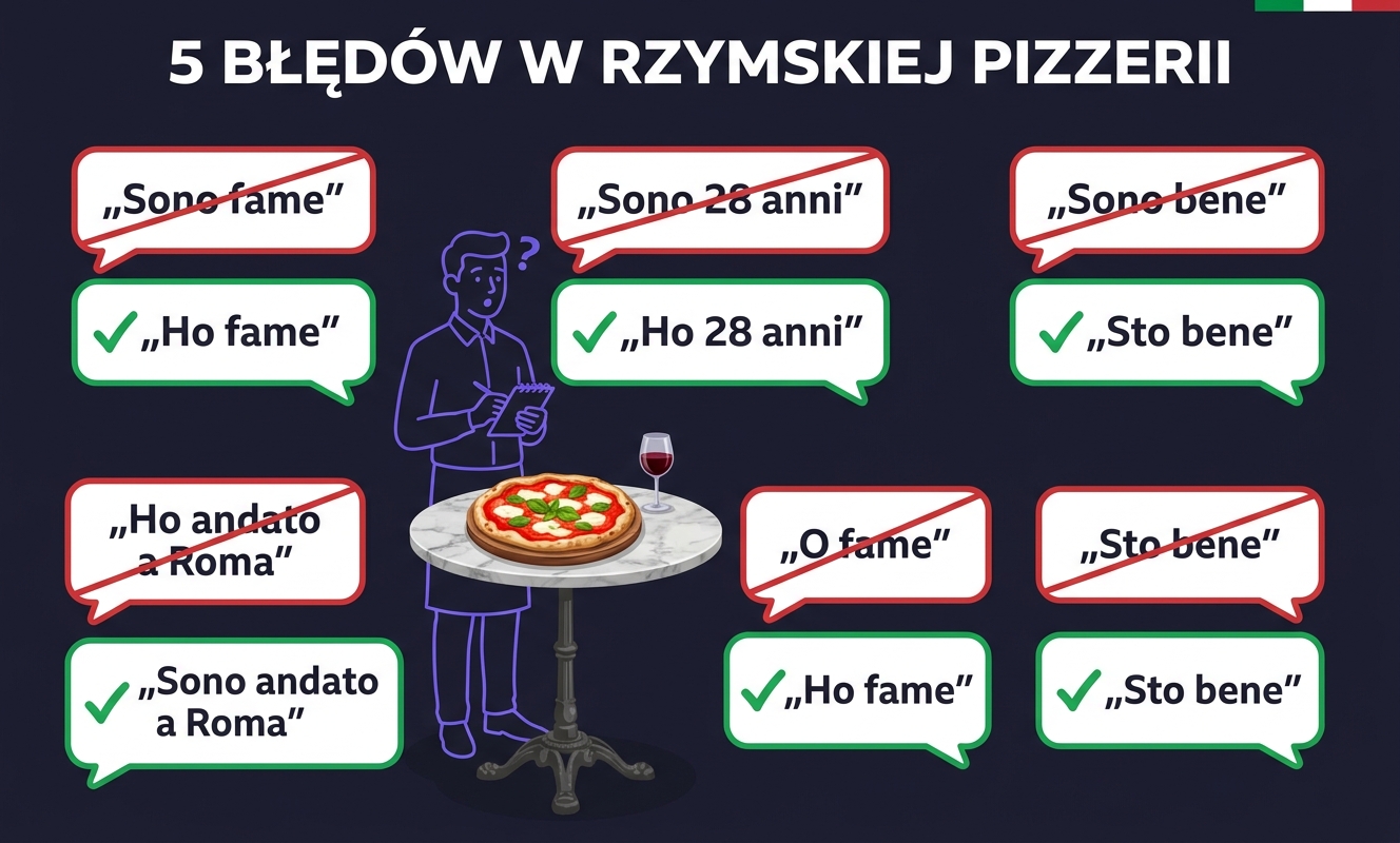 Pięć najczęstszych błędów Polaków przy ESSERE vs AVERE — kafelki z czerwonymi przekreśleniami i zielonymi poprawkami
