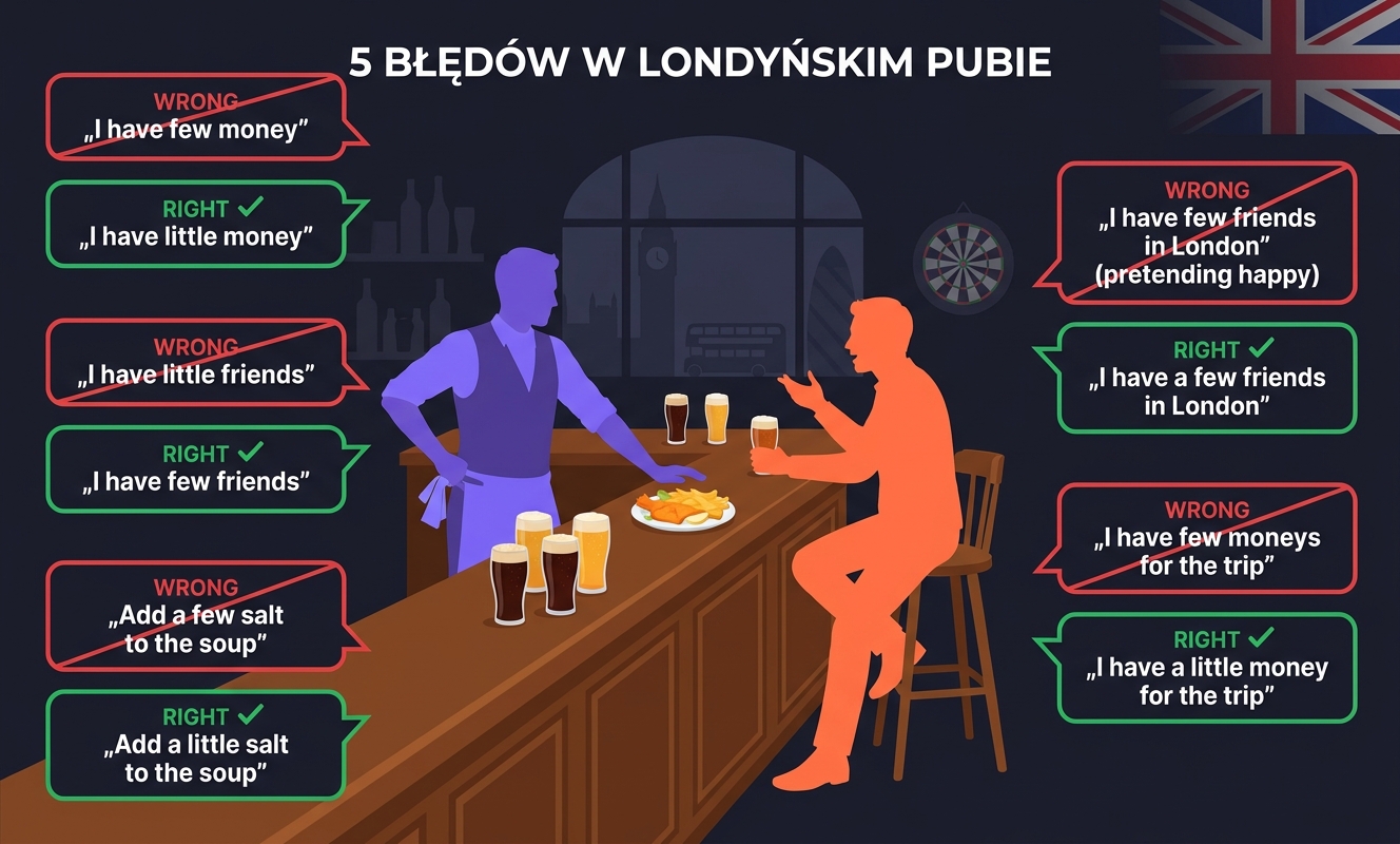Pięć najczęstszych błędów Polaków przy few / a few / little / a little — kafelki z czerwonymi przekreśleniami i zielonymi poprawkami