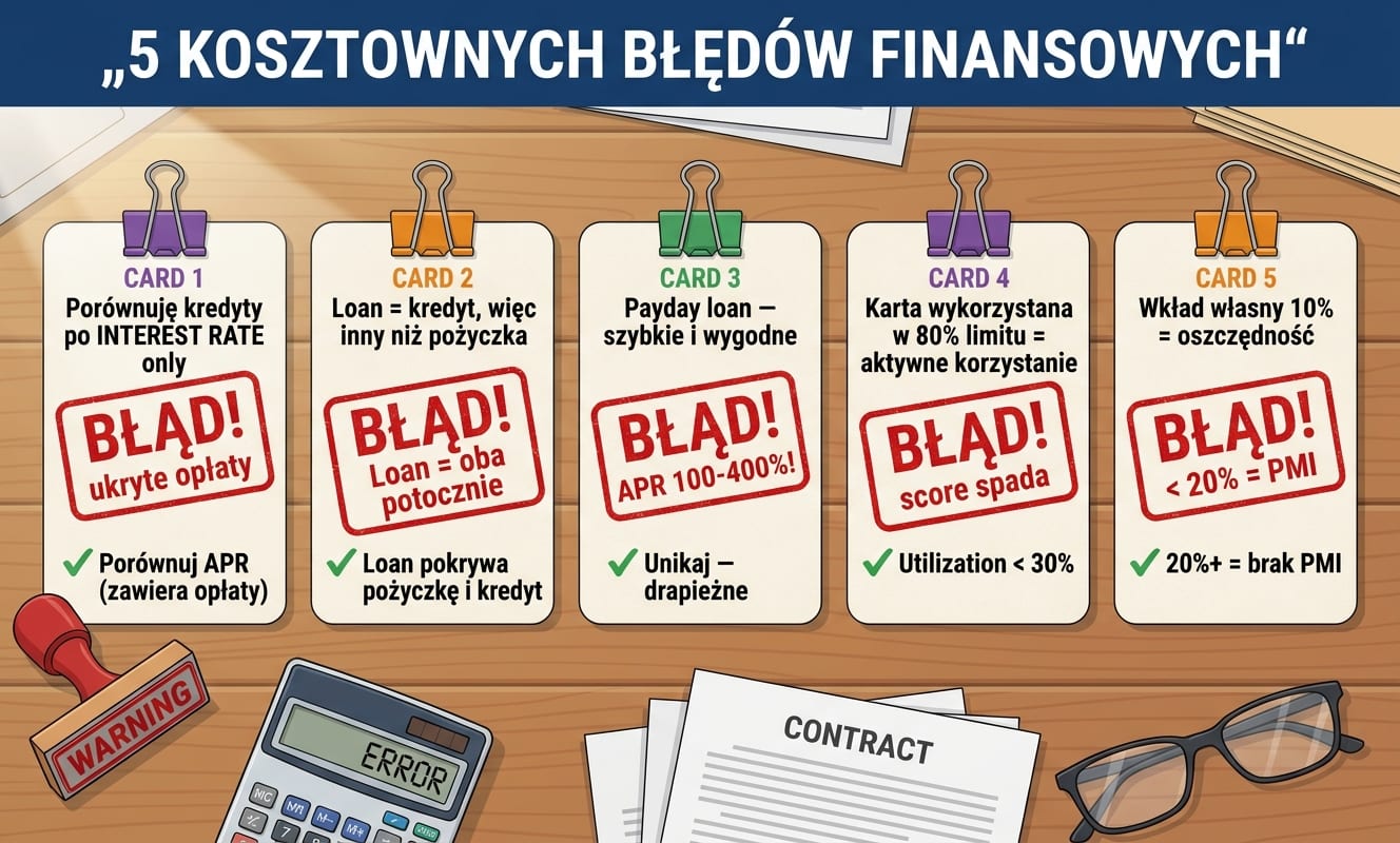 5 kart z kosztownymi błędami finansowymi: CARD 1 Porównuję kredyty po INTEREST RATE only → BŁĄD! ukryte opłaty → ✓ Porównuj APR (zawiera opłaty); CARD 2 Loan = kredyt, więc inny niż pożyczka → BŁĄD! Loan = oba potocznie → ✓ Loan pokrywa pożyczkę i kredyt; CARD 3 Payday loan szybkie i wygodne → BŁĄD! APR 100-400%! → ✓ Unikaj — drapieżne; CARD 4 Karta wykorzystana w 80% limitu = aktywne korzystanie → BŁĄD! score spada → ✓ Utilization < 30%; CARD 5 Wkład własny 10% = oszczędność → BŁĄD! < 20% = PMI → ✓ 20%+ = brak PMI