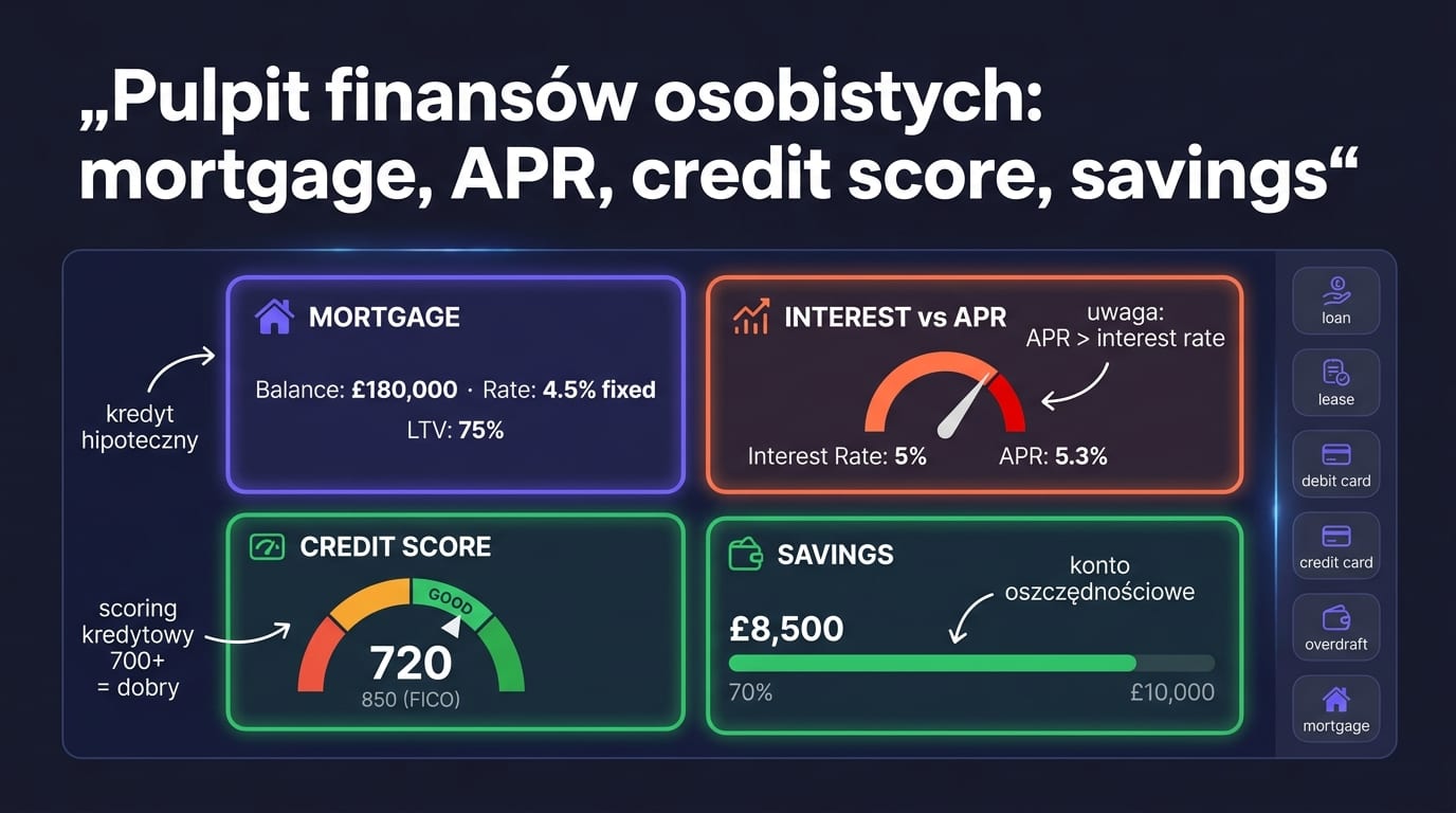 Finanse osobiste po angielsku — biurko z umową kredytową, karta kredytowa, kalkulator, dom symbolizujący mortgage, samochód symbolizujący car loan