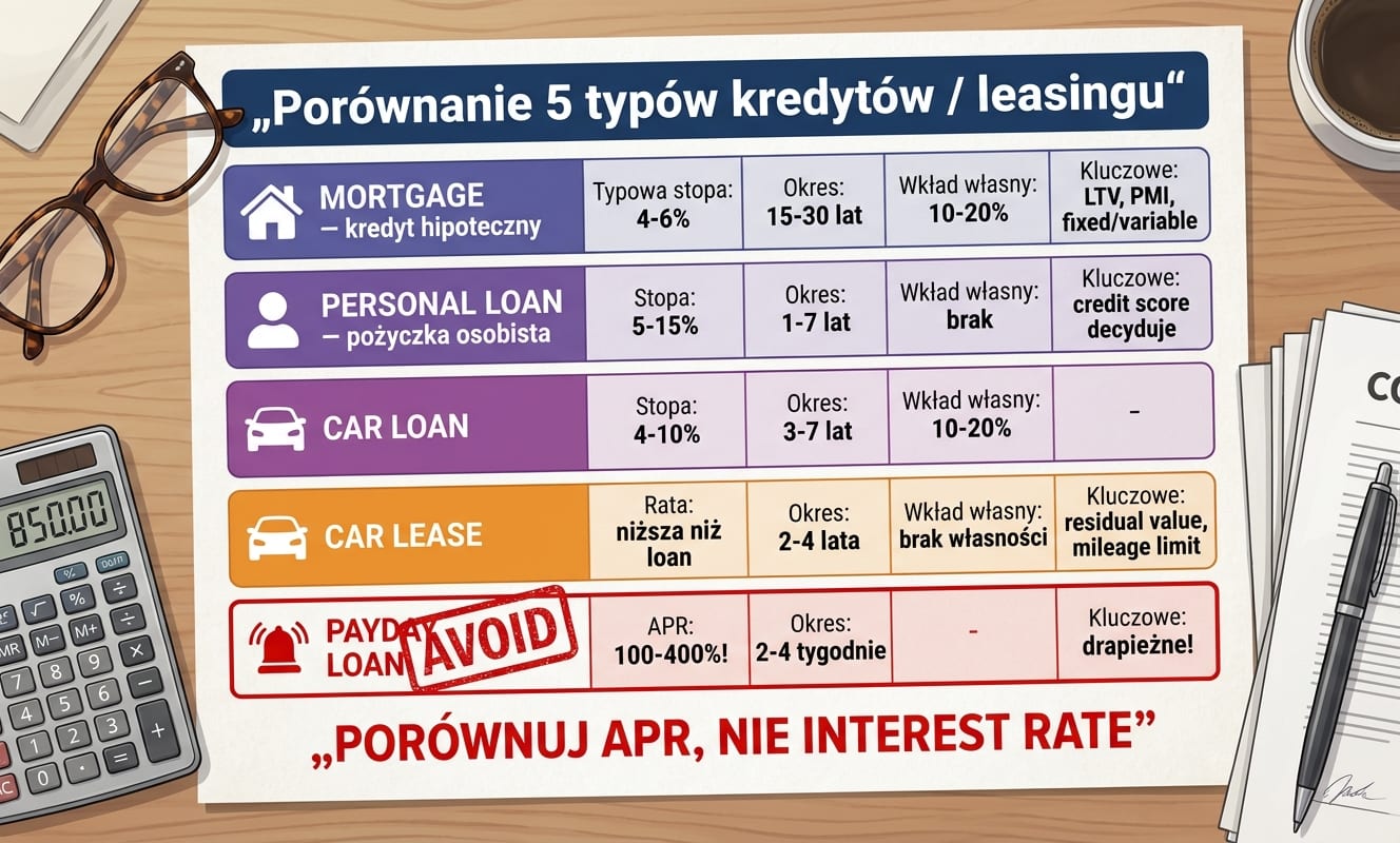 Porównanie 5 typów kredytów / leasingu na papierowej tabeli: MORTGAGE (kredyt hipoteczny, stopa 4-6%, 15-30 lat, wkład 10-20%, LTV/PMI/fixed-variable), PERSONAL LOAN (pożyczka osobista, 5-15%, 1-7 lat, credit score decyduje), CAR LOAN (4-10%, 3-7 lat, wkład 10-20%), CAR LEASE (rata niższa niż loan, 2-4 lata, brak własności, residual value, mileage limit), PAYDAY LOAN (czerwona ramka AVOID! APR 100-400%!, 2-4 tygodnie, drapieżne!). Bottom: PORÓWNUJ APR, NIE INTEREST RATE