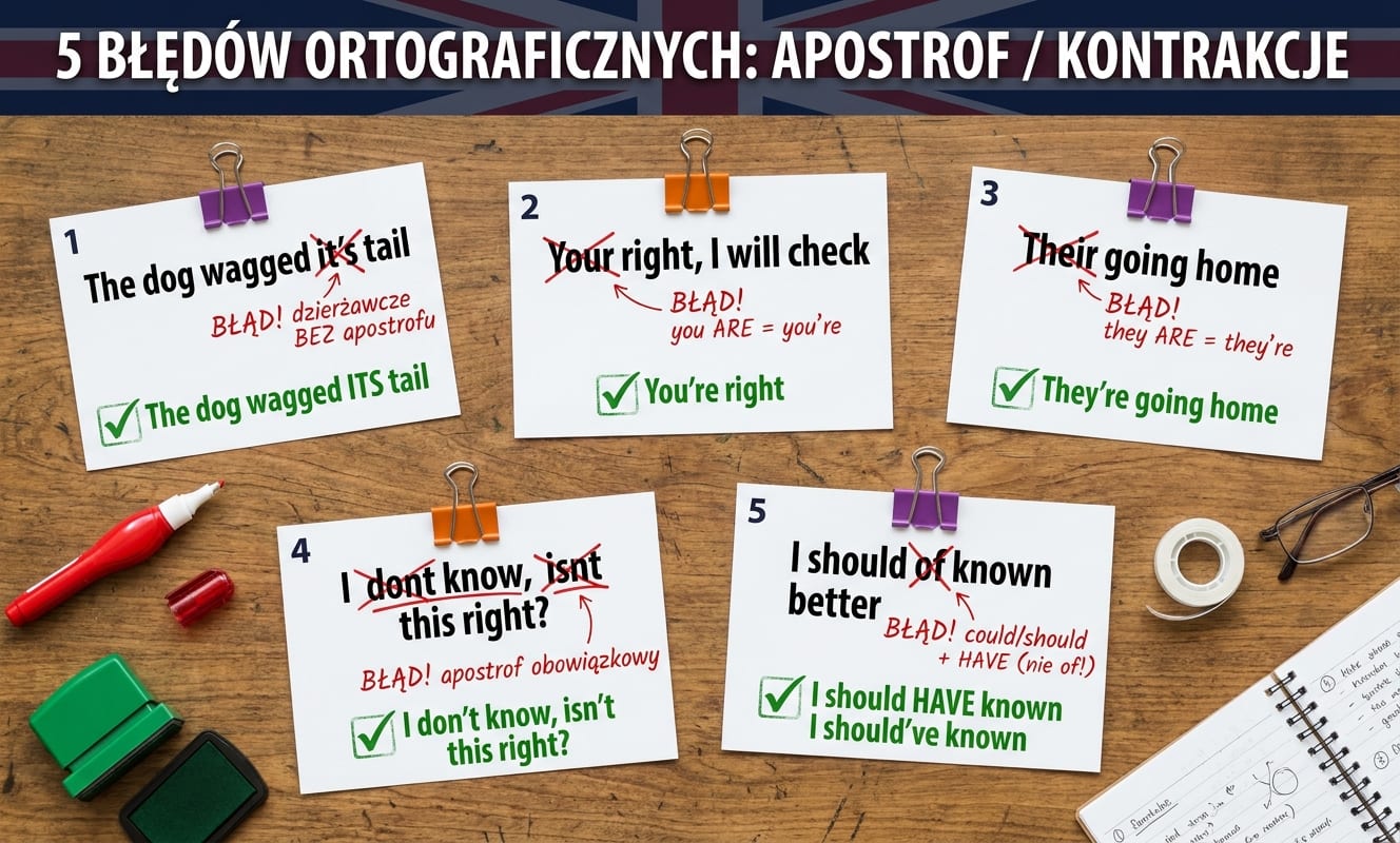 5 kart z błędami ortograficznymi kontrakcji na blacie biurka: CARD 1 The dog wagged ✗it's✗ tail → BŁĄD! dzierżawcze BEZ apostrofu → ✓ The dog wagged ITS tail; CARD 2 ✗Your✗ right → BŁĄD! you ARE = you're → ✓ You're right; CARD 3 ✗Their✗ going home → BŁĄD! they ARE = they're → ✓ They're going home; CARD 4 I ✗dont know✗, ✗isnt✗ this right? → BŁĄD! apostrof obowiązkowy → ✓ I don't know, isn't this right?; CARD 5 I should ✗of✗ known better → BŁĄD! could/should + HAVE (nie of!) → ✓ I should HAVE known / I should've known