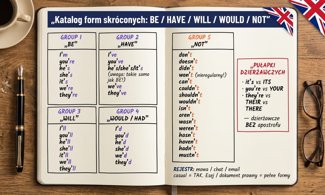 Katalog form skróconych w otwartym notatniku: GROUP 1 BE (I'm, you're, he's, she's, it's, we're, they're), GROUP 2 HAVE (I've, you've, he's/she's/it's takie samo jak BE!, we've, they've), GROUP 3 WILL (I'll, you'll, he'll, she'll, it'll, we'll, they'll), GROUP 4 WOULD/HAD (I'd, you'd, he'd, she'd, we'd, they'd), GROUP 5 NOT (don't, doesn't, didn't, won't nieregularny, can't, couldn't, shouldn't, wouldn't, isn't, aren't, wasn't, weren't, hasn't, haven't, hadn't, mustn't). Czerwona ramka „PUŁAPKI DZIERŻAWCZYCH: it's vs ITS, you're vs YOUR, they're vs THEIR vs THERE — dzierżawcze BEZ apostrofu”. Stopka: rejestr mowa/chat/email casual = TAK, esej/dokument prawny = pełne formy