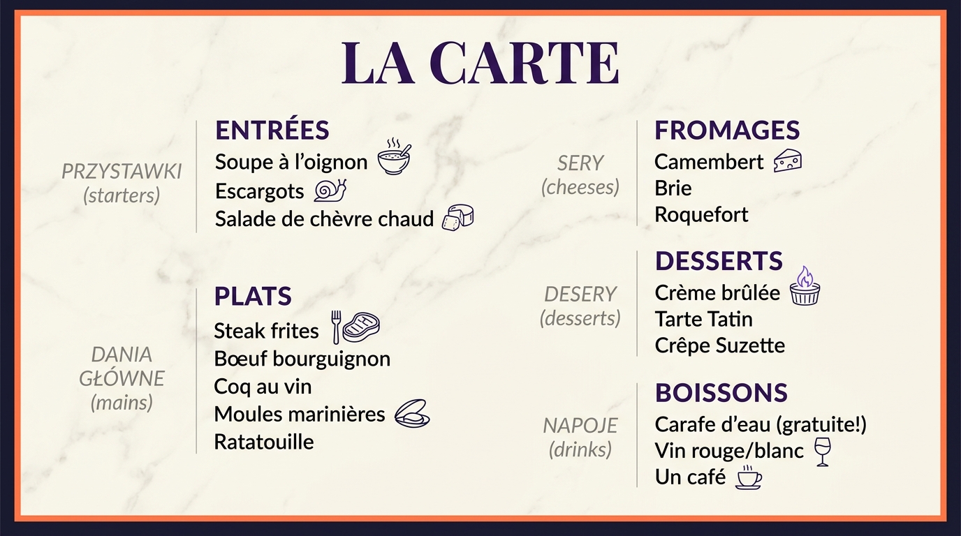 Anatomia francuskiego menu (La Carte) — Entrées, Plats, Fromages, Desserts, Boissons z przykładami dań
