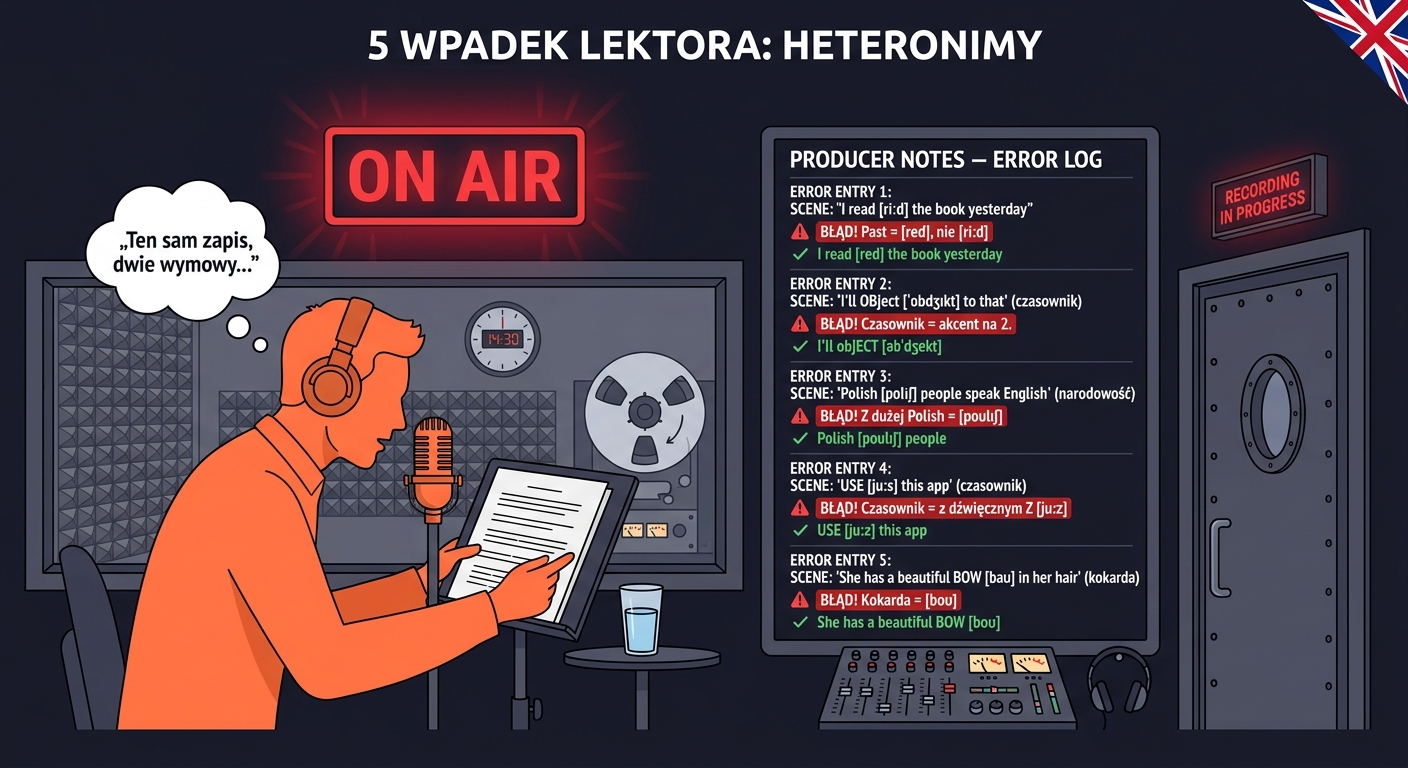 5 wpadek lektora w studiu nagraniowym z heteronimami — error log z błędną i poprawną wymową IPA dla read, object, Polish, use i bow