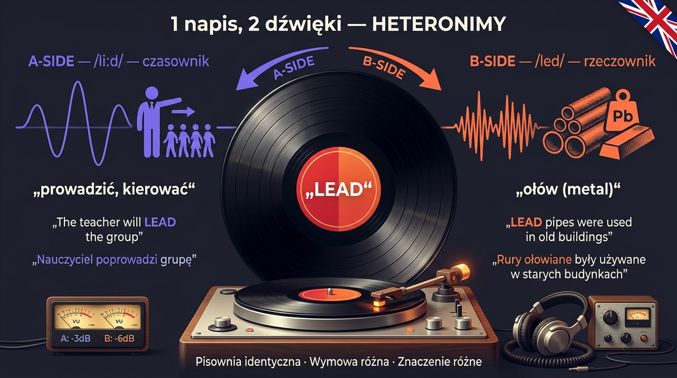 Heteronimy w angielskim — winyl z 2-stronnym labelem: ten sam napis 'LEAD' ale dwie strony A/B z różnymi falami dźwiękowymi i IPA