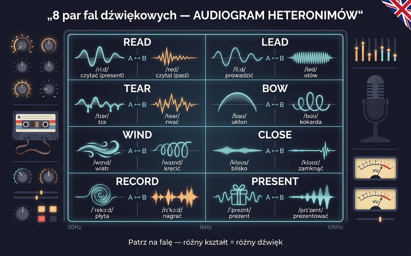Audiogram 8 par heteronimów (READ, LEAD, TEAR, BOW, WIND, CLOSE, RECORD, PRESENT) — różne kształty fal dźwiękowych A/B z zapisem IPA pokazują, że ten sam zapis ma dwie różne wymowy