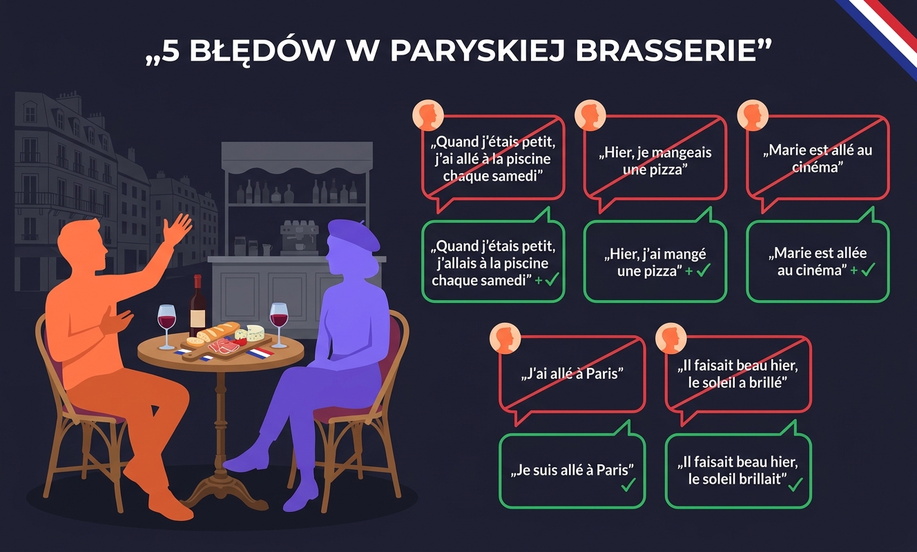 Pięć najczęstszych błędów Polaków przy Imparfait vs Passé Composé — kafelki z czerwonymi przekreśleniami i zielonymi poprawkami