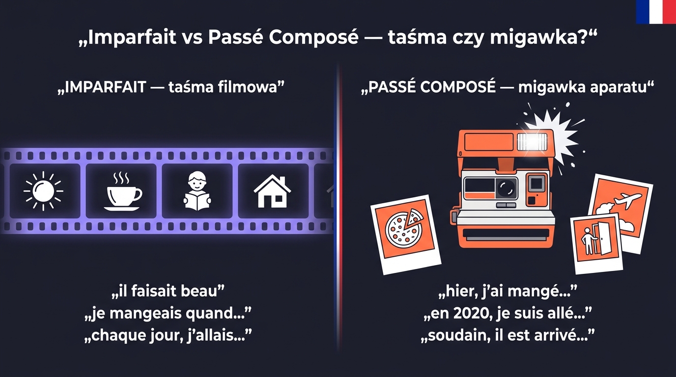 Imparfait vs Passé Composé po francusku — taśma filmowa (Imparfait = tło, ciągłość) vs migawka aparatu (Passé Composé = zakończony moment)