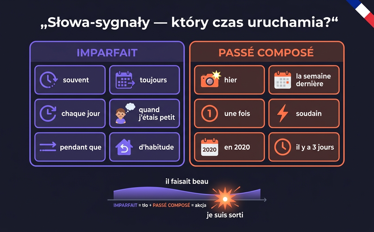 Tabela porównawcza Imparfait vs Passé Composé — tło i nawyk vs konkretne wydarzenie w przeszłości