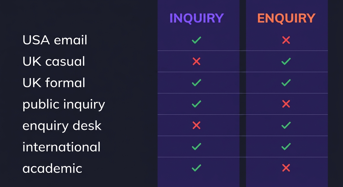 Tabela porównawcza Inquiry vs Enquiry w 6 kontekstach (USA, UK casual, UK formal, public inquiry, enquiry desk, międzynarodowy)